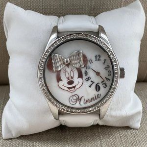 Accutime Minnie Mouse Disney Wristwatch White Leather Band Quartz Watch